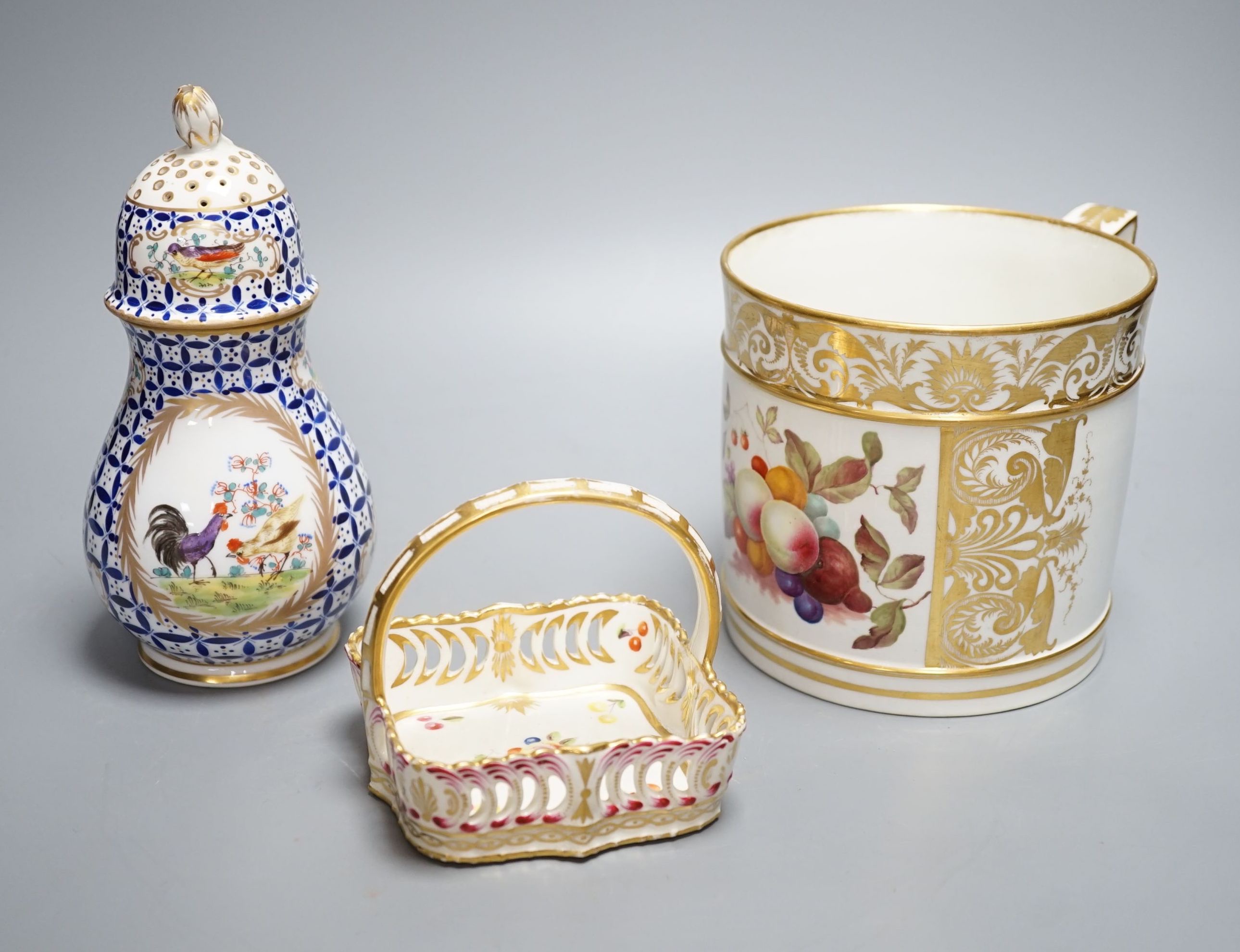 An early 19th century Derby porter mug, 13cm high, a Derby dish and a Chantilly-style sugar sifter